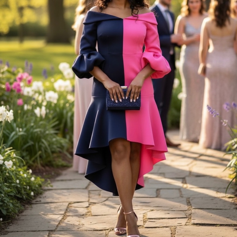 #A082 For Her NYC Dopamine Colorblock Hi-Lo Dress Puff Sleeves NWT XL - Picture 2 of 8